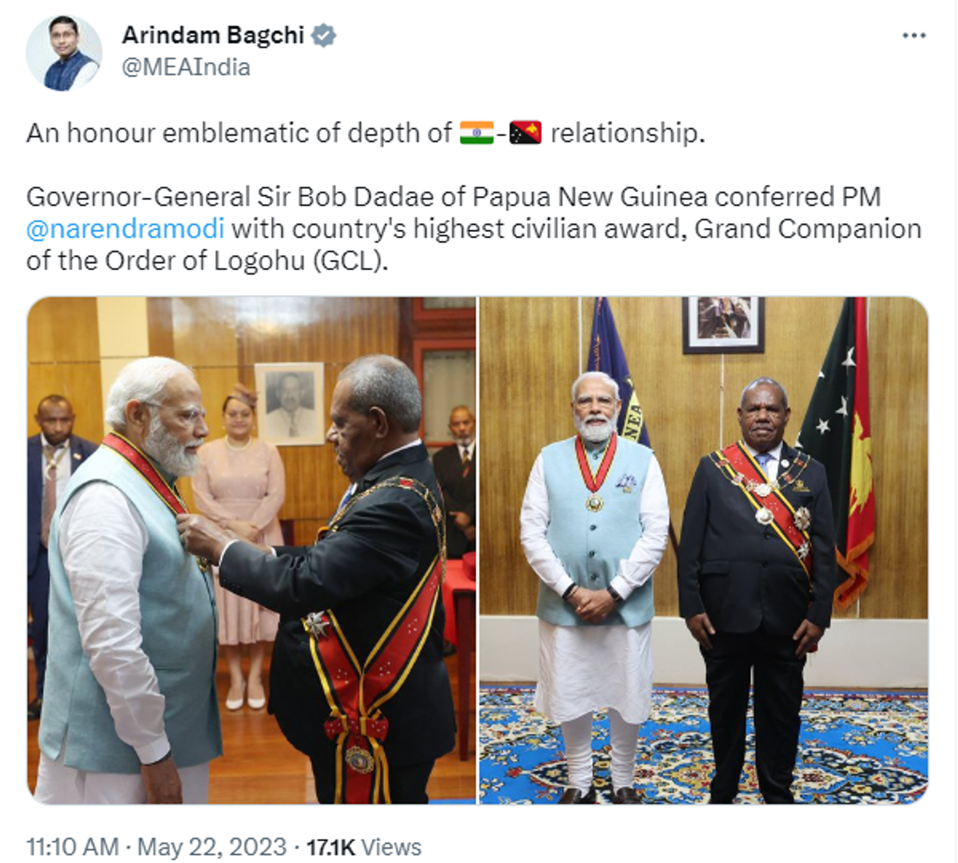 Papua New Guinea Governor General Sir Bob Dadae Conferred Modi with Highest Civilian Award of Papua New Guinea - Sputnik भारत, 1920, 22.05.2023