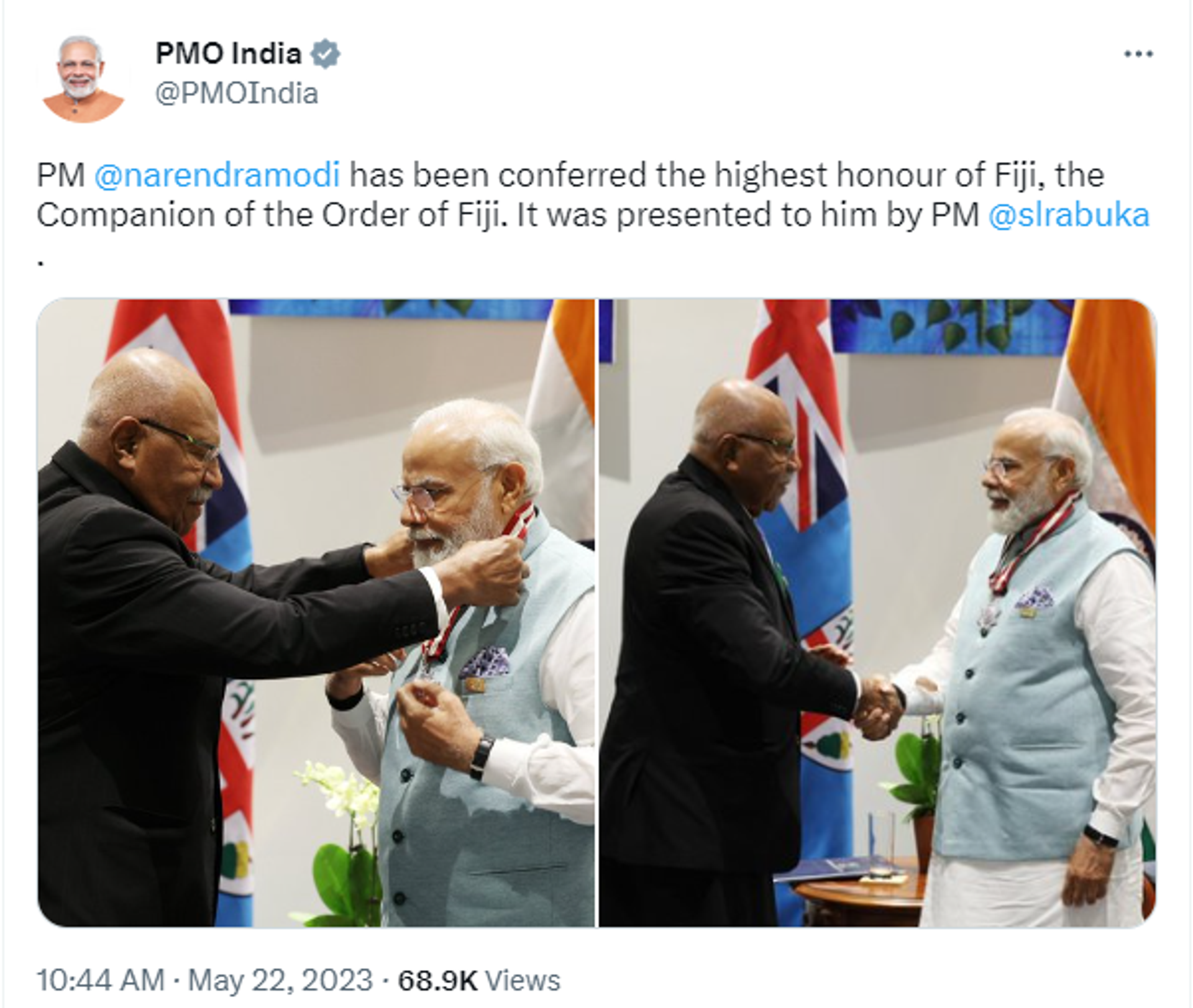 Narendra Modi Conferred Highest Civilian Award of Fiji - Sputnik India, 1920, 22.05.2023