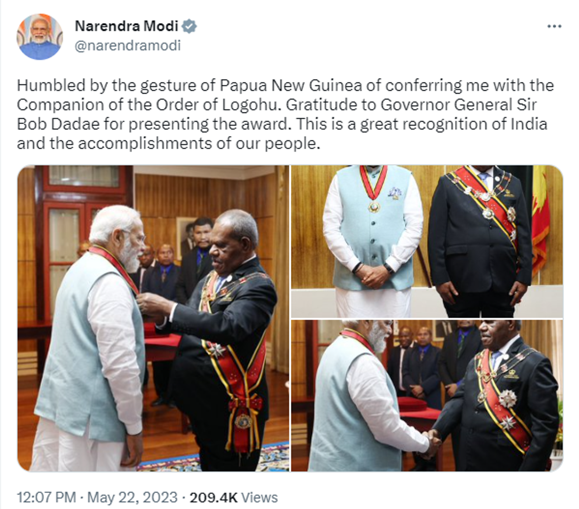Modi Expressed Gratitude to Papua New Guinea Governor General for Conferring Highest Civilian Award - Sputnik India, 1920, 22.05.2023