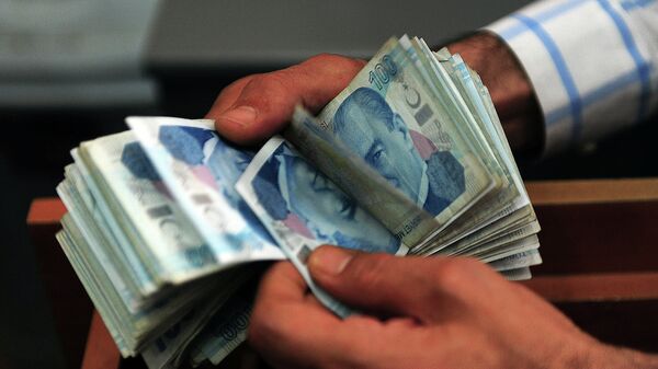 An exchange office worker counts Turkish lira banknotes in Istanbul on June 8, 2015 - Sputnik भारत