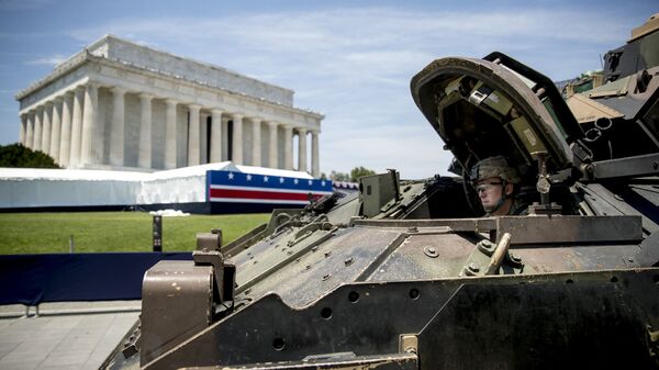 One of two Bradley Fighting Vehicles waits to be driven into place in front of the Lincoln Memorial for President Donald Trump's 'Salute to America' event honoring service branches on Independence Day, Wednesday, July 3, 2019, in Washington - Sputnik India