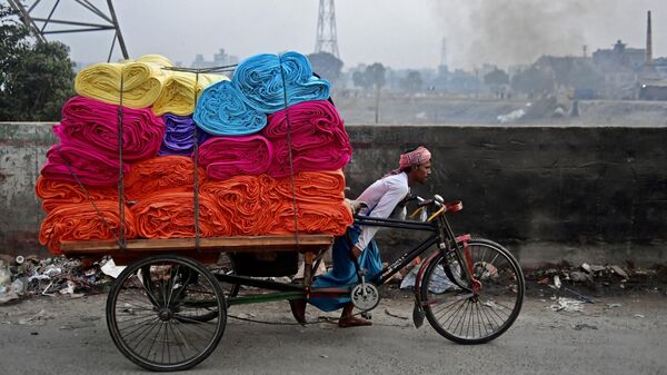 A worker pulls his cycle rickshaw loaded with bundles of cloth in Dhaka on January 9, 2023. - Sputnik India