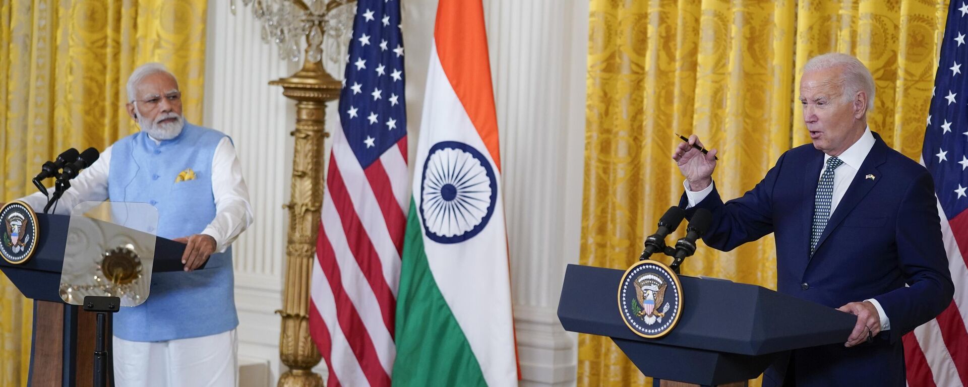 President Joe Biden speaks during a news conference with India's Prime Minister Narendra Modi in the East Room of the White House, Thursday, June 22, 2023, in Washington. - Sputnik India, 1920, 23.06.2023
