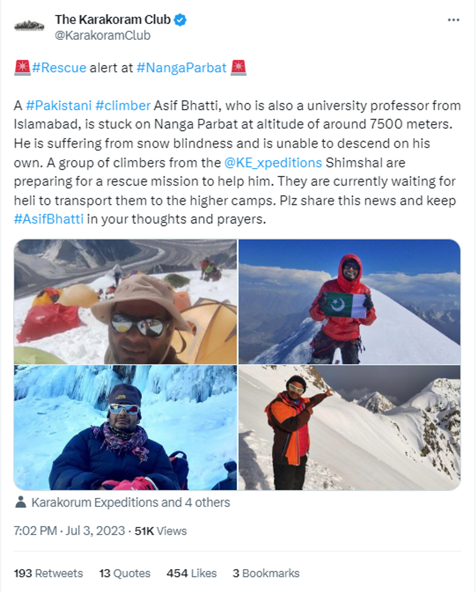 Pakistan Mountaineer Asif Bhatti Stranded At Nanga Parbat Due To Snow Blindness - Sputnik India, 1920, 04.07.2023