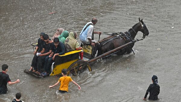People ride on a horsecart through a flooded street after heavy rainfall in Lahore on July 5, 2023 - Sputnik भारत