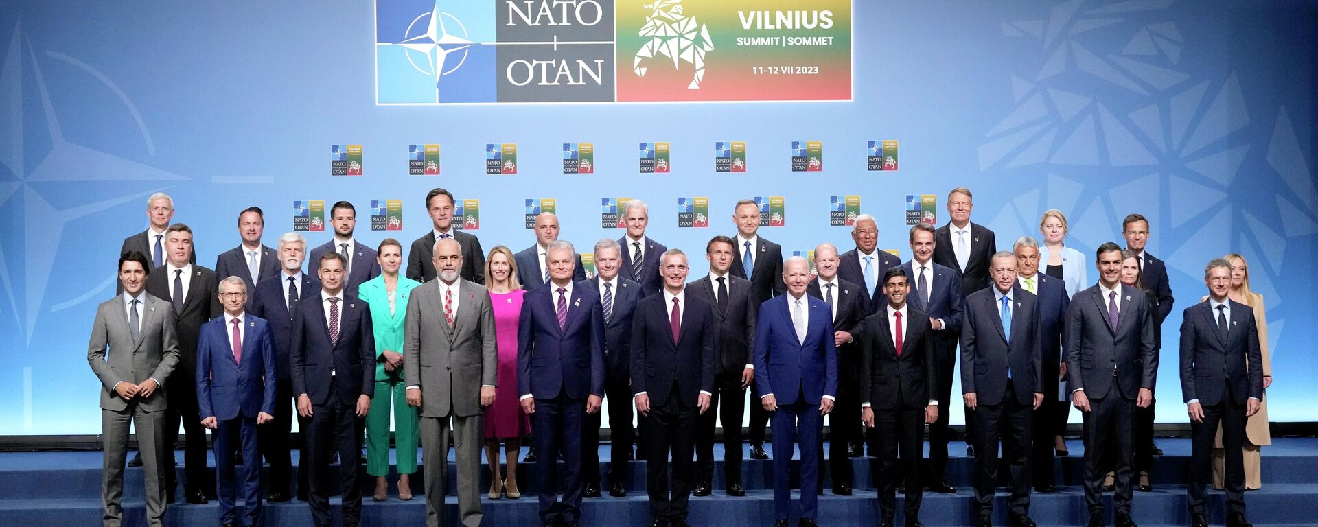 NATO heads of state and government pose during a group photo at a NATO summit in Vilnius, Lithuania, Tuesday, July 11, 2023. - Sputnik भारत, 1920, 12.07.2023