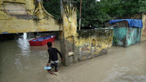 A boy wades through a low lying area in the banks after torrential rains caused swelling of River Yamuna - Sputnik India