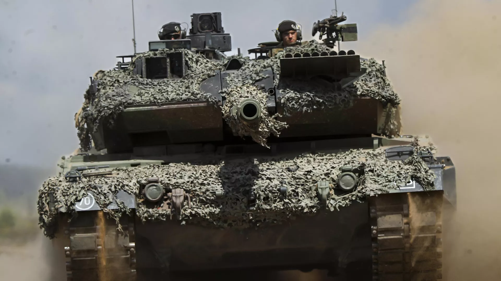 A Germany Army Leopard 2A6 main battle tank takes part in the Lithuanian-German military exercise 'Griffin Storm 2023' at a training range in Pabrade, some 60km (38 miles) north of the capital Vilnius, Lithuania on Monday, June 26, 2023.