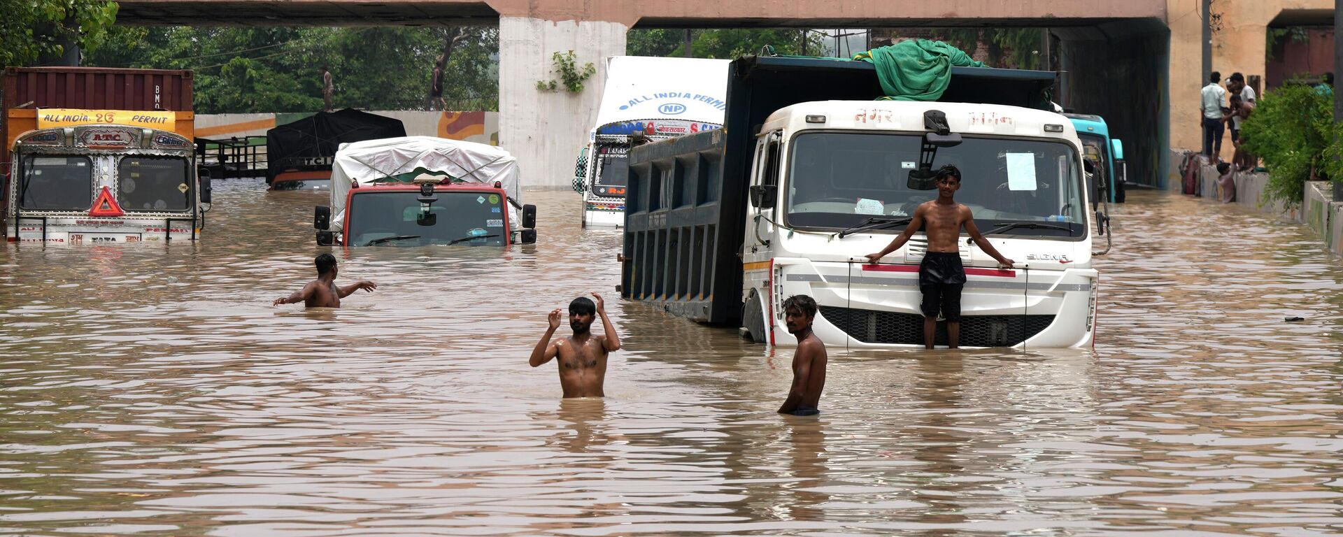 Vehicles navigate their way through a flooded underpass following heavy rainfall in New Delhi, India - Sputnik India, 1920, 14.07.2023
