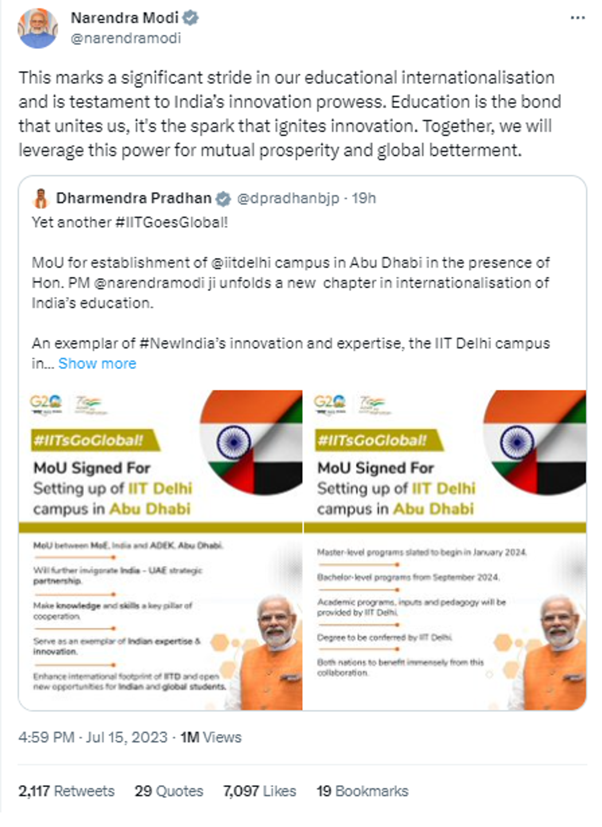 Prime Minister Narendra Modi tweeted about the recent signing of Memorandums of Understanding (MoUs) with the UAE government. - Sputnik India, 1920, 16.07.2023