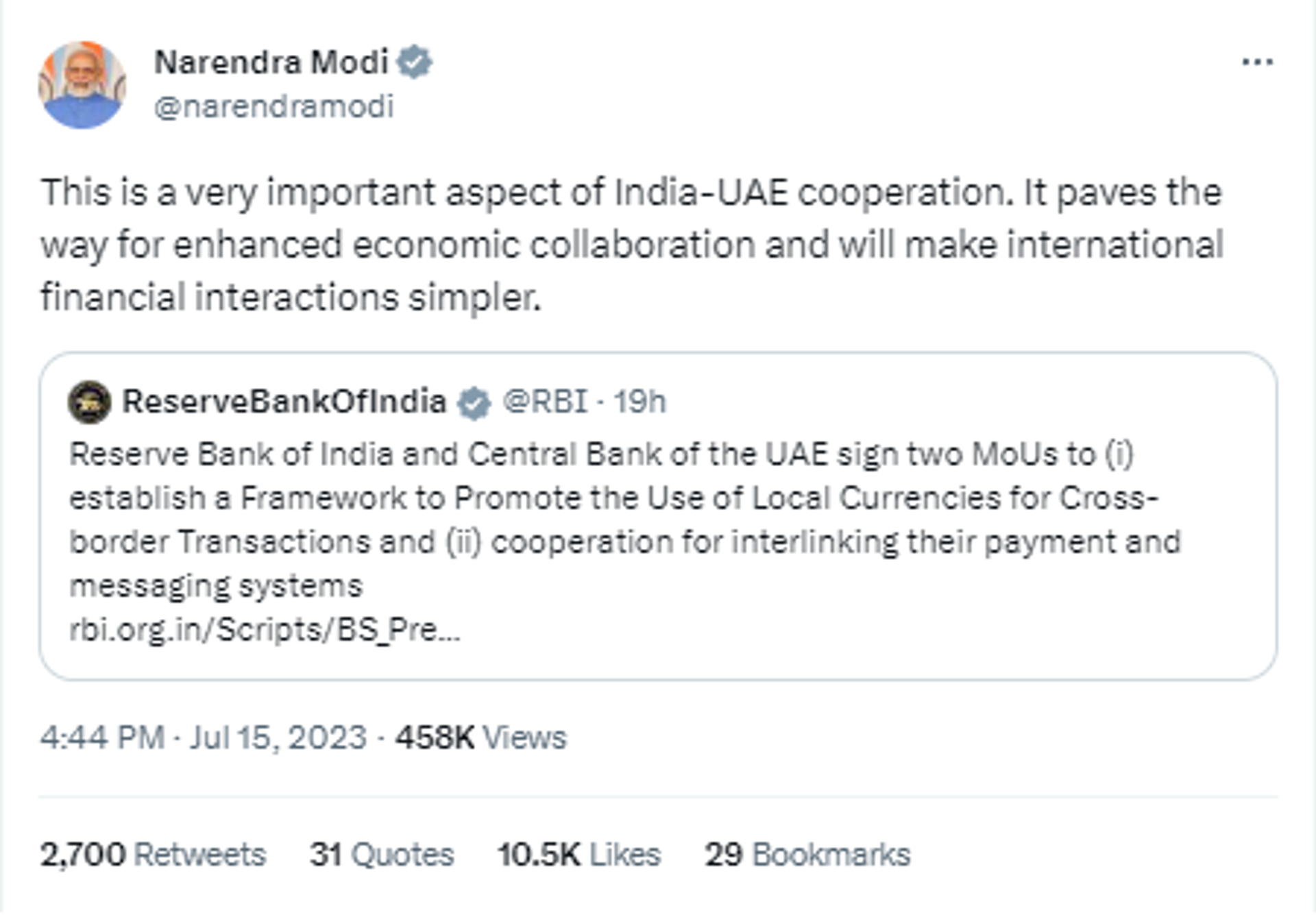 Prime Minister Narendra Modi tweeted about the recent signing of Memorandums of Understanding (MoUs) with the UAE government. - Sputnik India, 1920, 16.07.2023