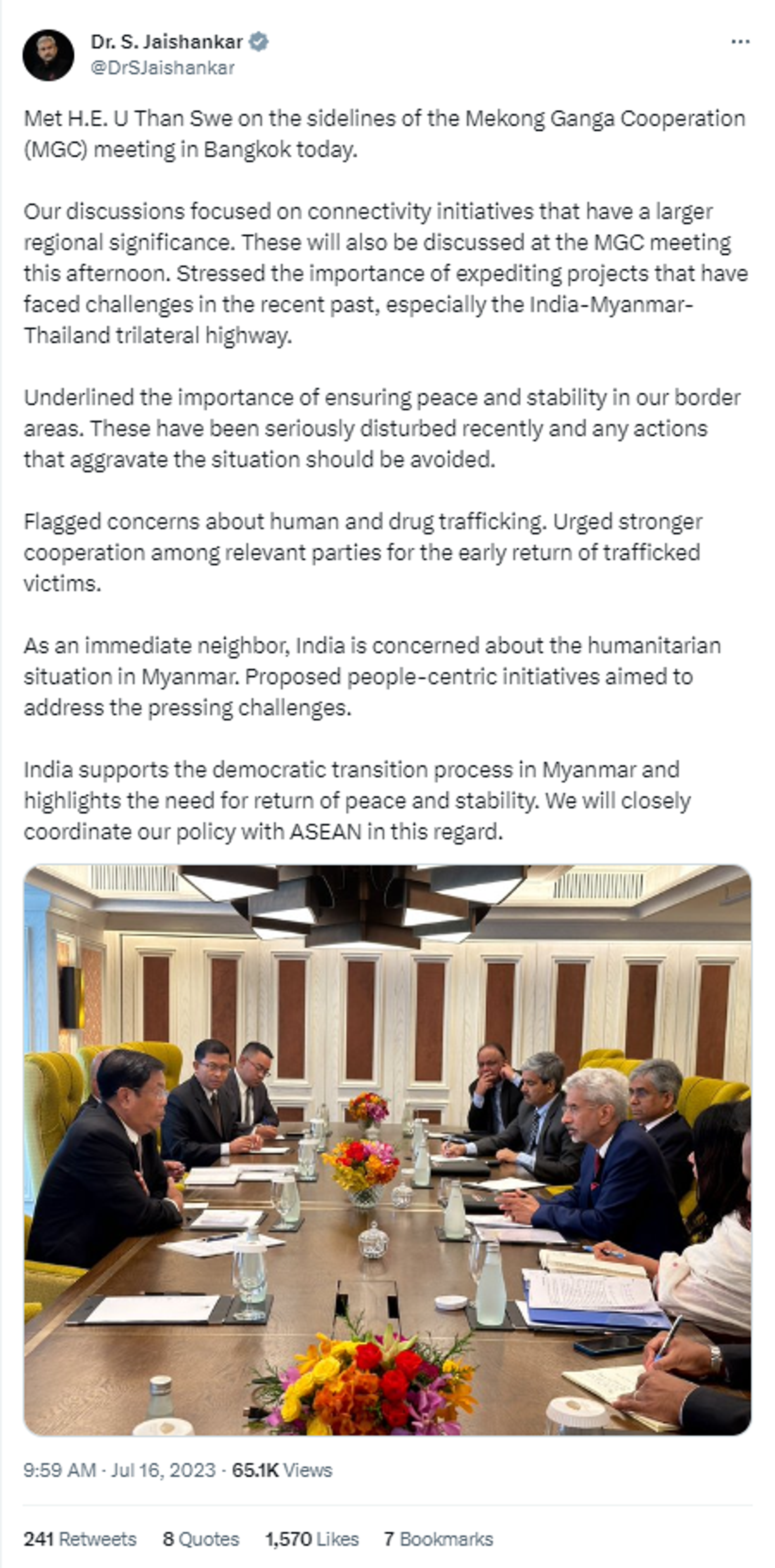 India's External Affairs Minister S. Jaishankar tweets about his discussion with Myanmar counterpart H.E. U Than Swe on the sidelines of the Mekong Ganga Cooperation (MGC) meeting in Bangkok. - Sputnik India, 1920, 16.07.2023