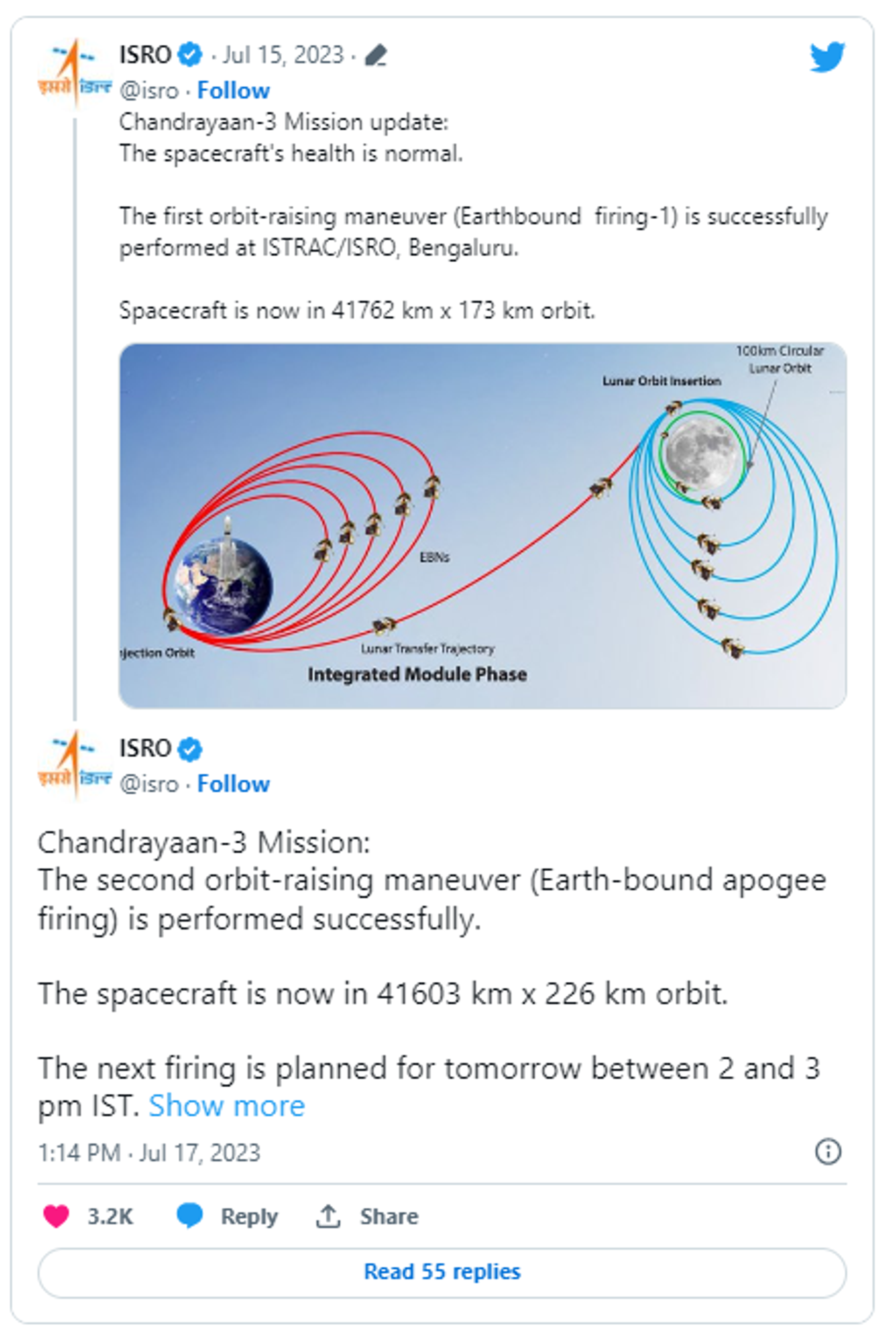 The Indian Space Research Organisation (ISRO) tweets about the success of the second orbit-raising manoeuvre of Chandrayaan-3. - Sputnik India, 1920, 17.07.2023