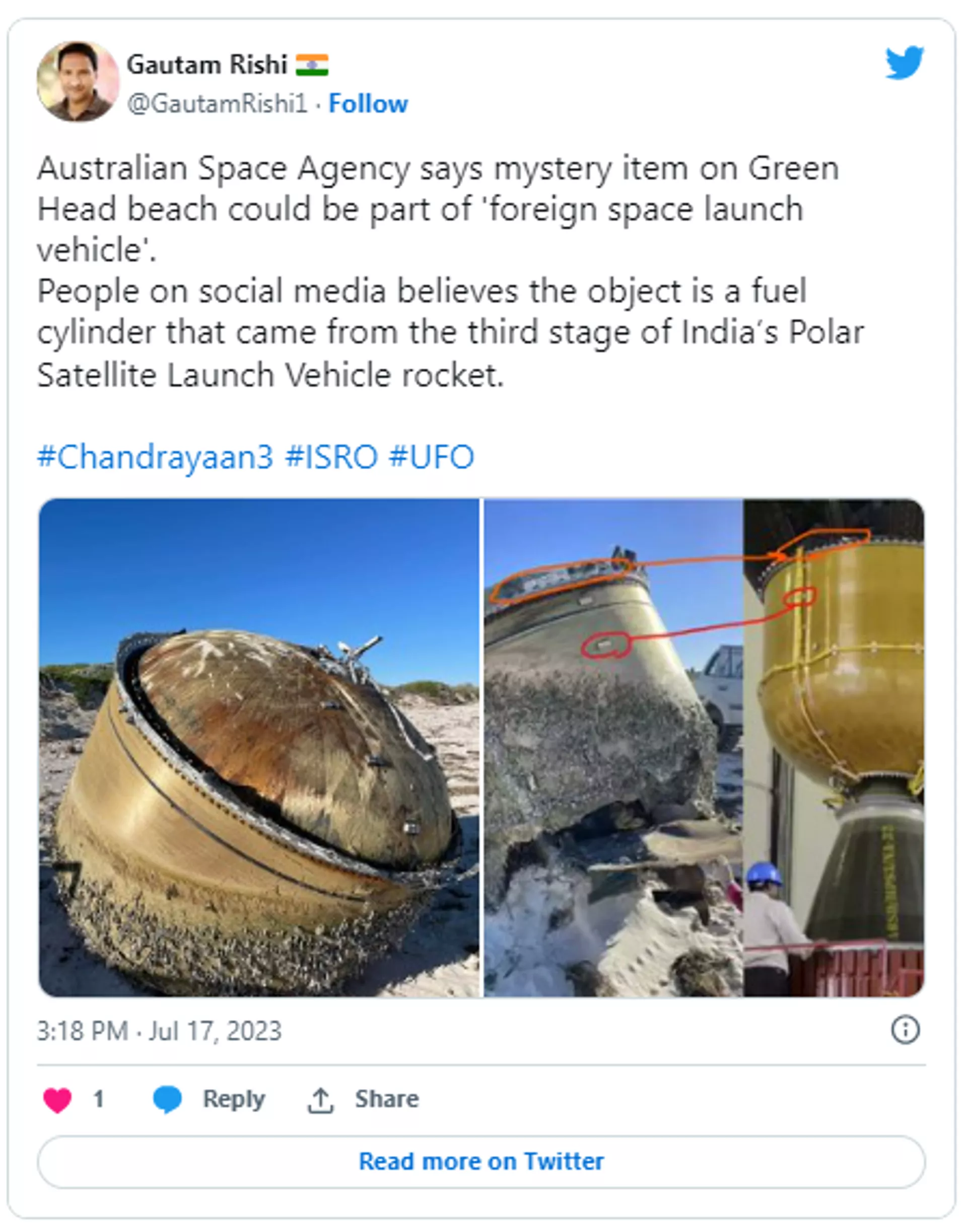 Mysterious cylinder likely to be ISRO satellite debris washes up on Australian beach Mysterious cylinder likely to be ISRO satellite debris washes up on Australian beach