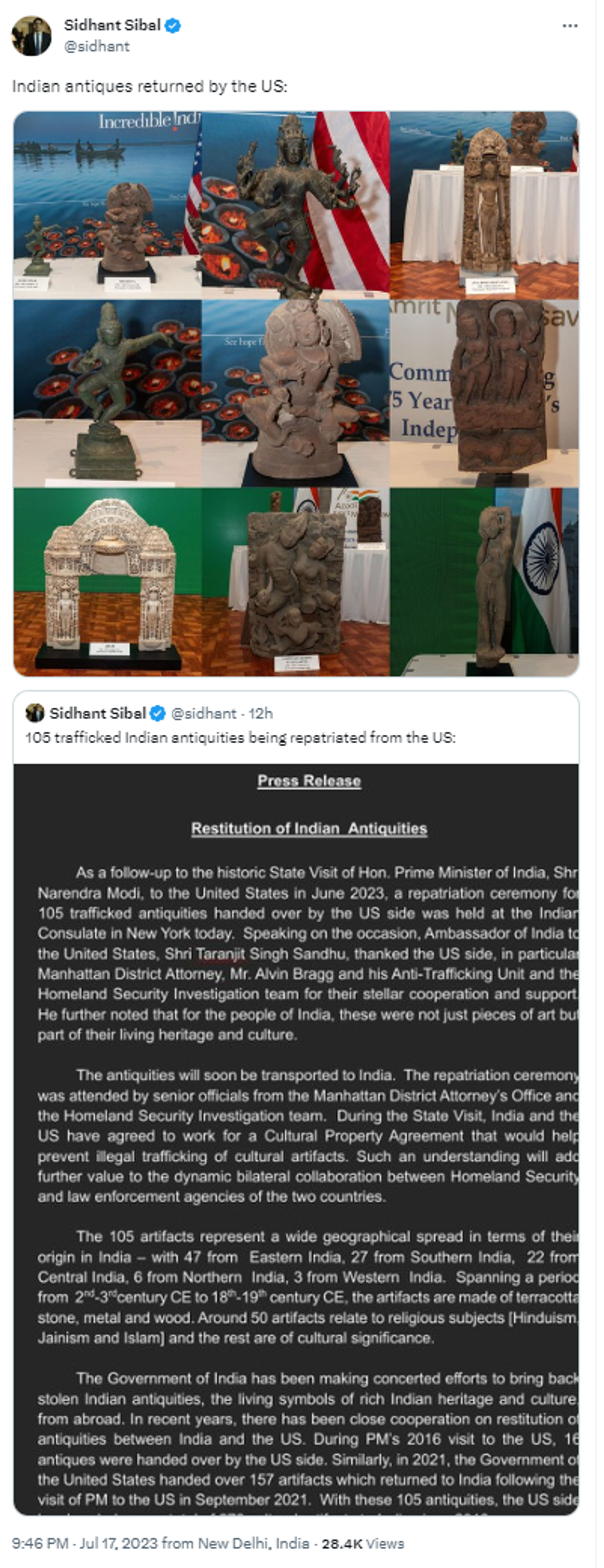 US Returns 105 Antiquities to India Days After PM Modi's Visit   - Sputnik India, 1920, 18.07.2023