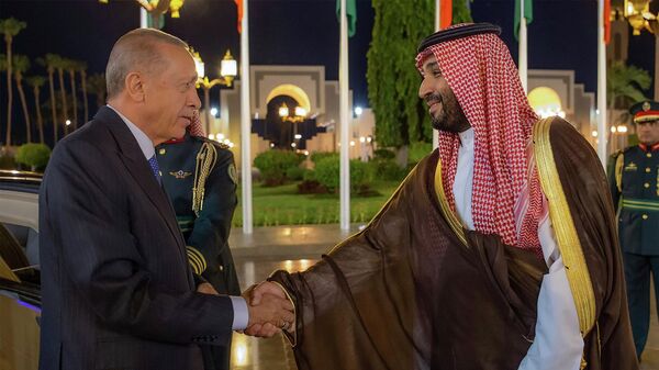 Turkish President Recep Tayyip Erdogan, left, and Saudi Crown Prince Mohammed bin Salman shake hands during a welcome ceremony at Al Salam Palace in Jeddah, Saudi Arabia, Monday, July 17, 2023. - Sputnik भारत