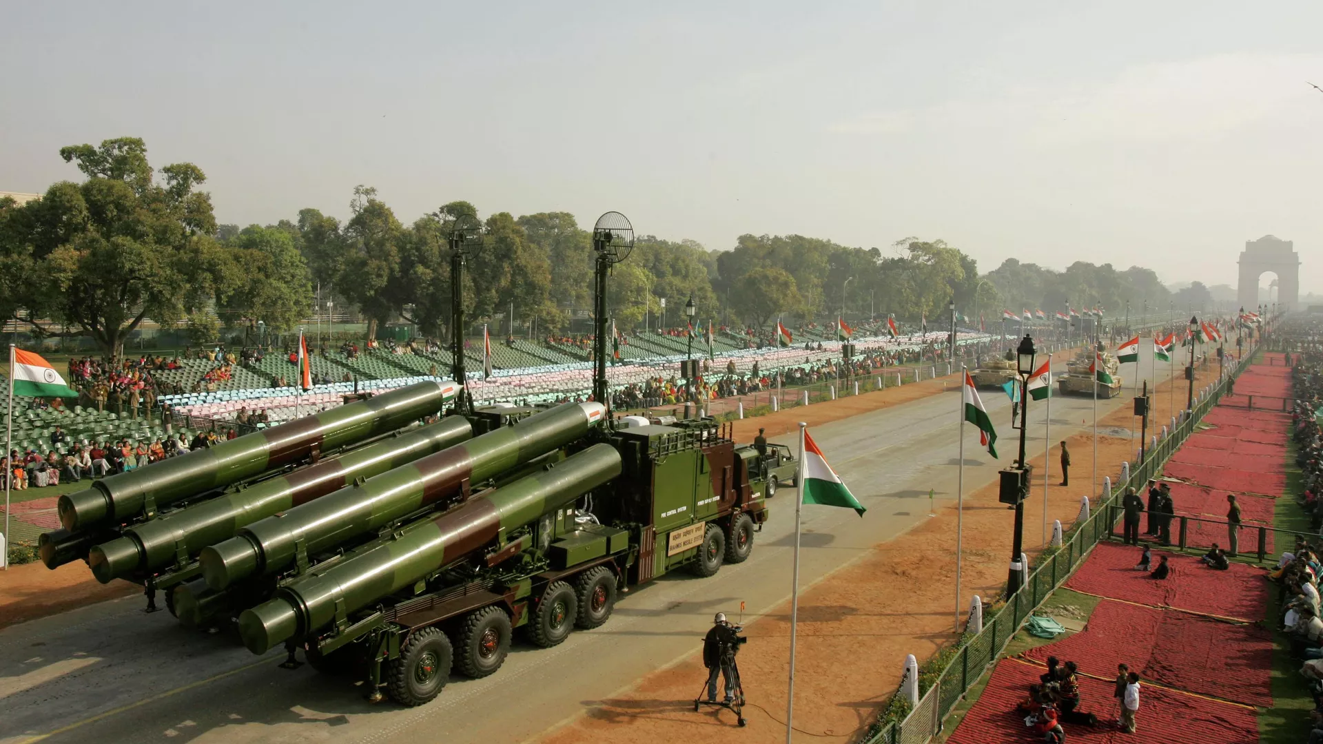 A vehicle mounted Brahmos missiles is displayed at the Republic Day parade rehearsal in the backdrop of the India Gate war memorial in New Delhi, India, Friday, Jan. 23, 2009.