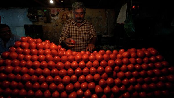 A vendor arranges tomatoes at a vegetable market in Ahmedabad, India, Tuesday, July 11, 2023. - Sputnik भारत