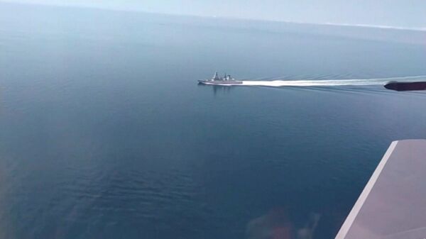 A still image taken from a video released by Russia's Defence Ministry allegedly shows British Royal Navy's Type 45 destroyer HMS Defender filmed from a Russian military aircraft in the Black Sea, June 23, 2021 - Sputnik भारत