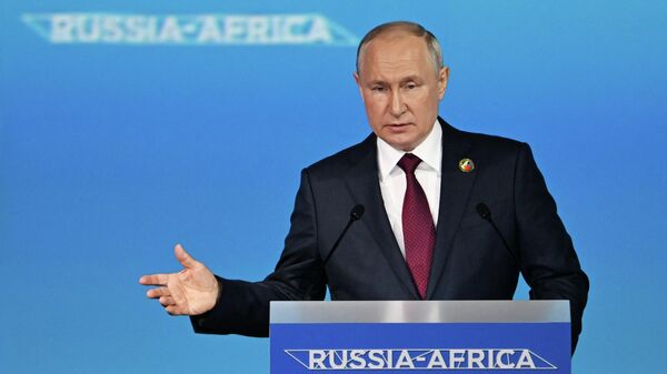 Russian President Vladimir Putin giving a speech during the plenary session of the second Russia-Africa summit in Saint Petersburg on July 27, 2023.  - Sputnik भारत