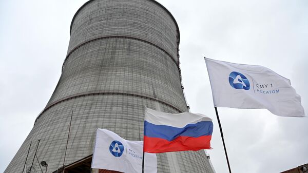 A Russian national flag and flags with the logo of Rosatom flutters at the construction site of a cooling tower at the Kursk II nuclear power plant near the village of Makarovka outside Kurchatov, Kursk region - Sputnik India