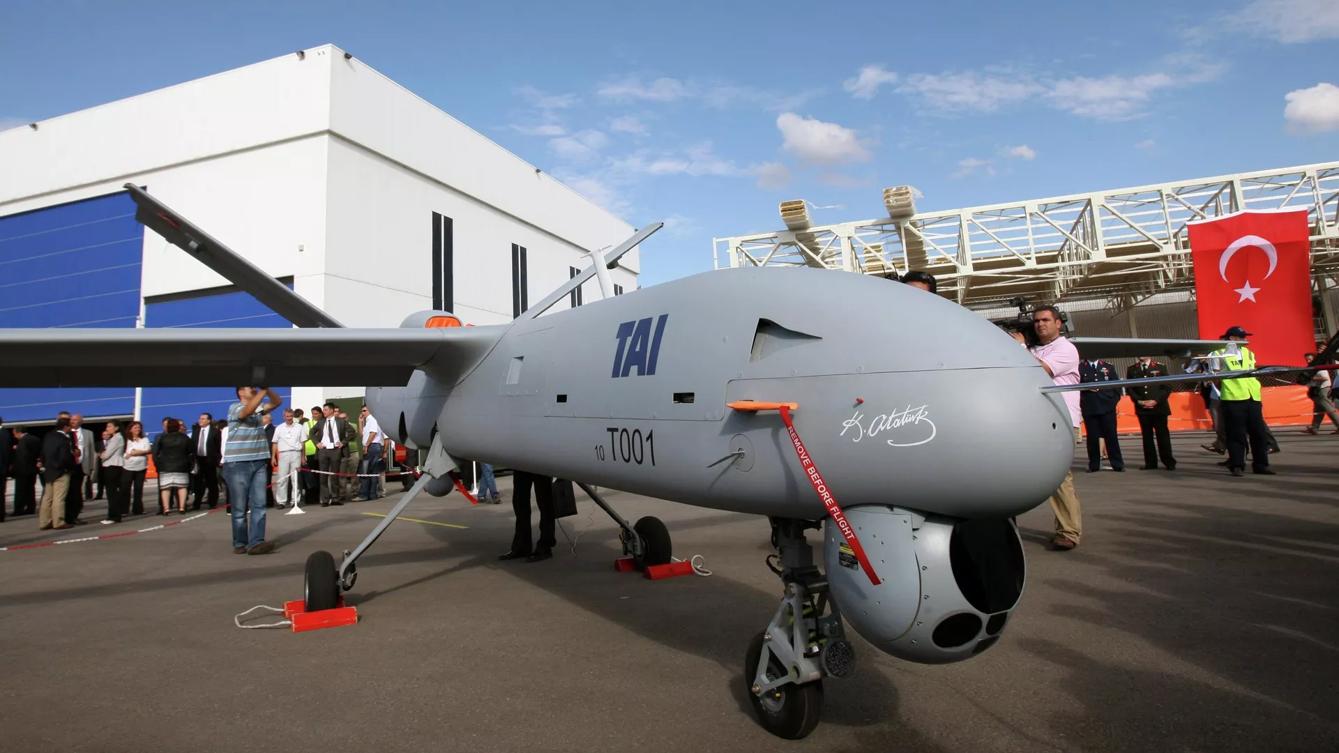 Turkey's first drone airplane called Anka or Phoenix is seen during a roll out ceremony at the TAI - Turkish Aerospace Space Industries Inc., near Ankara, Turkey, Friday, July 16, 2010.