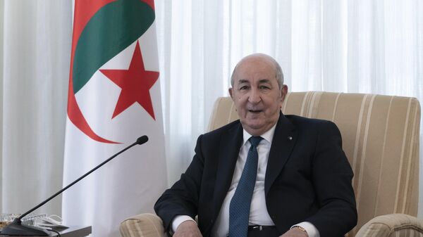 Algeria's President Abdelmadjid Tebboune, speaks for just under a half hour during the start of a meeting with U.S. Secretary of State Antony Blinken, Wednesday, March 30, 2022, at El Mouradia Palace, the President's official residence in Algiers, Algeria - Sputnik भारत