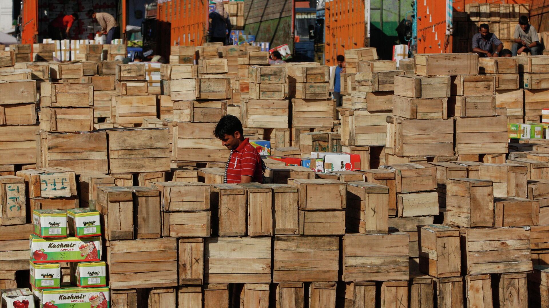 An Indian laborer counts boxes containing apples at wholesale market on the outskirts of Jammu, India, Wednesday, Sept.30, 2015.  - Sputnik भारत, 1920, 01.04.2025