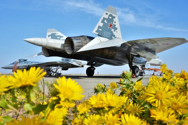 रूसी रक्षा मंत्रालय के 929वें च्कालोव राज्य उड़ान परीक्षण केंद्र के क्षेत्र में 5वीं पीढ़ी के Su-57 लड़ाकू विमान। - Sputnik भारत