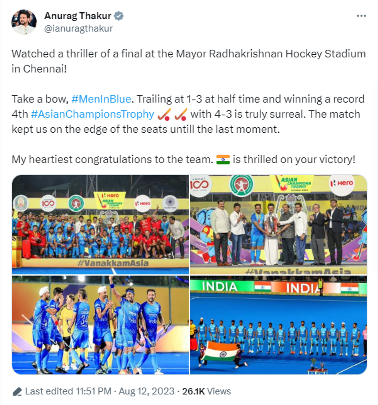 India Wins Asian Hockey Championship for 4th Time, Modi Lauds Tireless