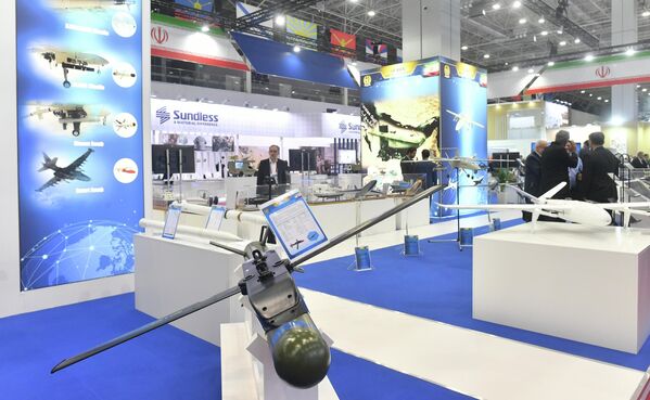 पैट्रियट पार्क और प्रदर्शनी केंद्र में सेना 2023 अंतर्राष्ट्रीय सैन्य-तकनीकी फोरम के हिस्से के रूप में प्रदर्शनी में ईरानी ड्रोन। - Sputnik भारत