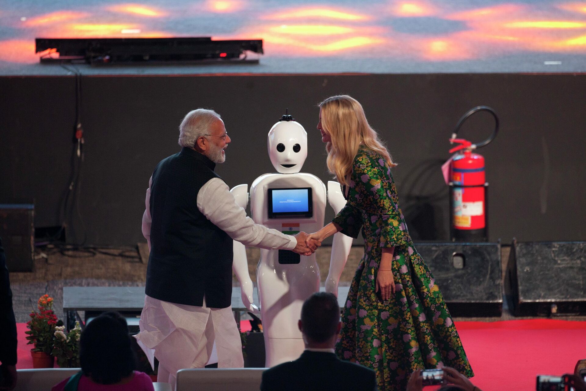 Indian Prime Minister Narendra Modi, left and U.S. presidential adviser and daughter Ivanka Trump greet each other after they press the button on a robot during the opening of the Global Entrepreneurship Summit in Hyderabad, India, Tuesday, Nov. 28, 2017. - Sputnik India, 1920, 17.08.2023