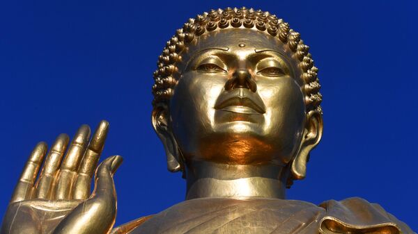 16-meter-high Buddha statue made of copper by sculptor Vitaly Shanov near Mount Khavyrga, Russia - Sputnik भारत