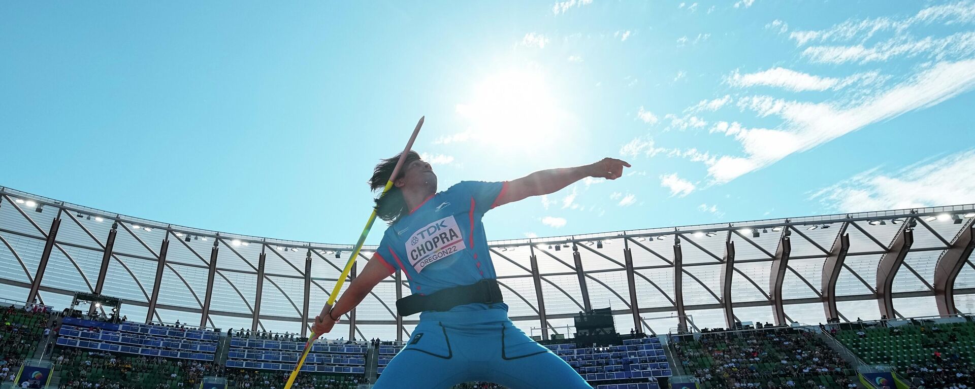 Neeraj Chopra, of India, competes in qualifications for the men's javelin throw at the World Athletics Championships on Thursday, July 21, 2022, in Eugene, Ore. - Sputnik India, 1920, 04.10.2023