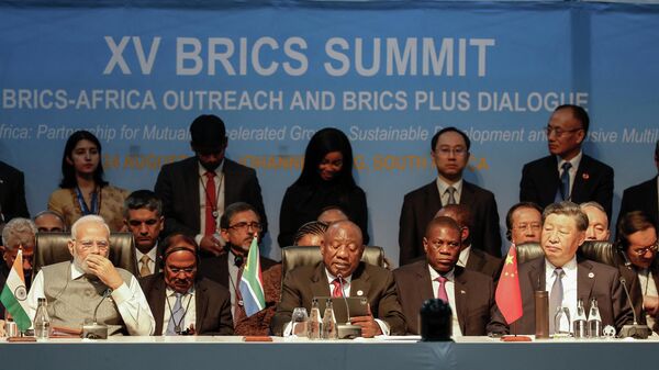 Prime Minister of India Narendra Modi, South African President Cyril Ramaphosa, Deputy President of South Africa Paul Mashatile and President of China Xi Jinping attend a meeting during the 2023 BRICS Summit in Johannesburg on August 24, 2023. - Sputnik India