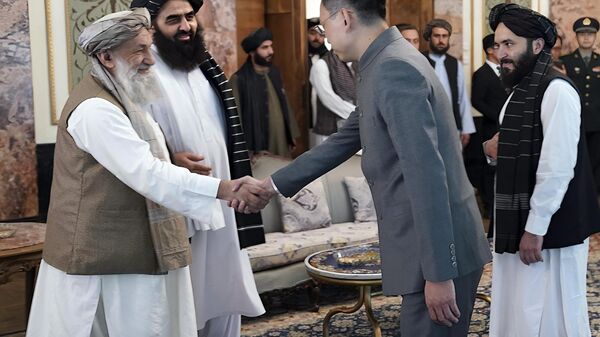 In this handout photo released by Taliban Prime Minister Media Office, China's new ambassador to Afghanistan Zhao Sheng shakes hand with Taliban Prime Minister Mohammad Hasan Akhund, left, during the recognition ceremony at the Presidential Palace, in Kabul, Afghanistan, Wednesday, Sept. 13, 2023. - Sputnik India