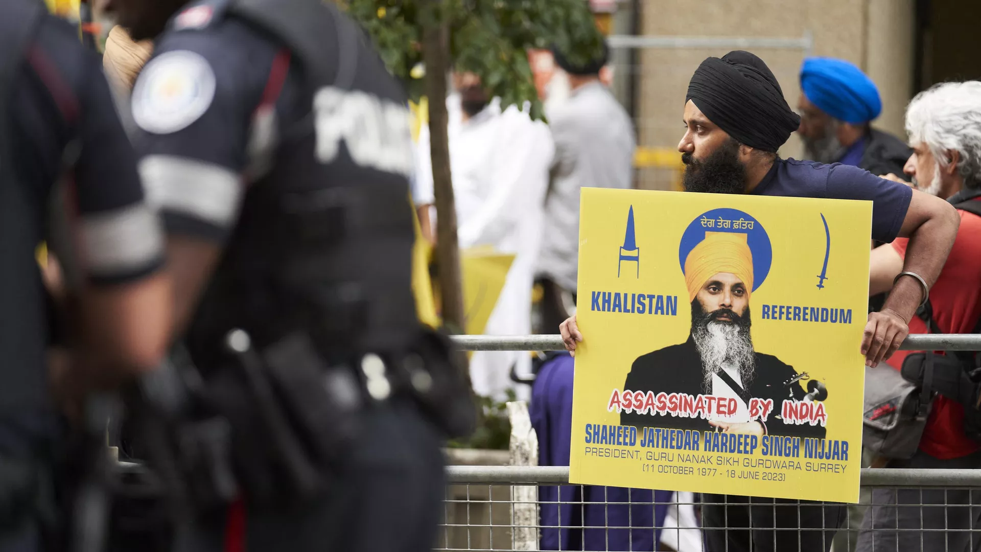 Sikhs protest for the independence of Khalistan in front of the Indian Consulate in Toronto, Canada, on July 8, 2023.