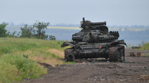 A destroyed tank of the Ukrainian armed forces in the Russian special operation zone in Ukraine. File photo - Sputnik भारत