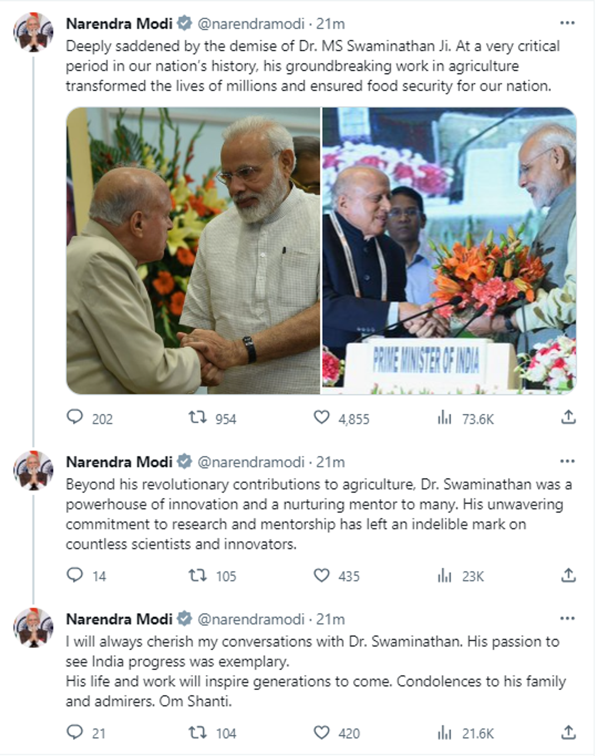Prime Minister Narendra Modi mourns the demise of the father of India’s ‘Green Revolution,’ Mankombu Sambasivan Swaminathan (M.S. Swaminathan). - Sputnik India, 1920, 28.09.2023