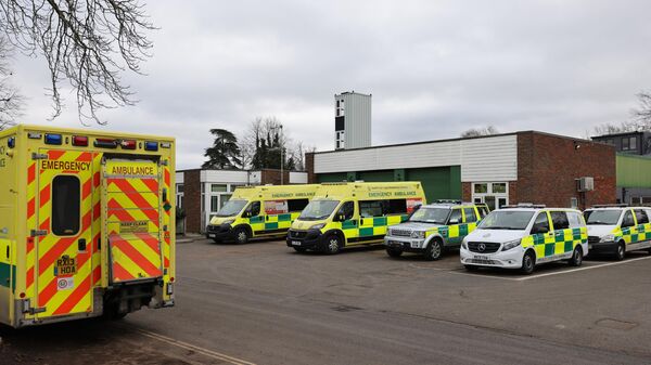 Ambulances are pictured outside Walton Ambulance station on a day of industrial action in the amblance service, in south-west London on February 20, 2023. Thousands of ambulance workers from the Unite and GMB Unions held another strike across England and Wales today. Ambulance workers began strike action on December 21 last year and a further date is planned for March.  - Sputnik भारत