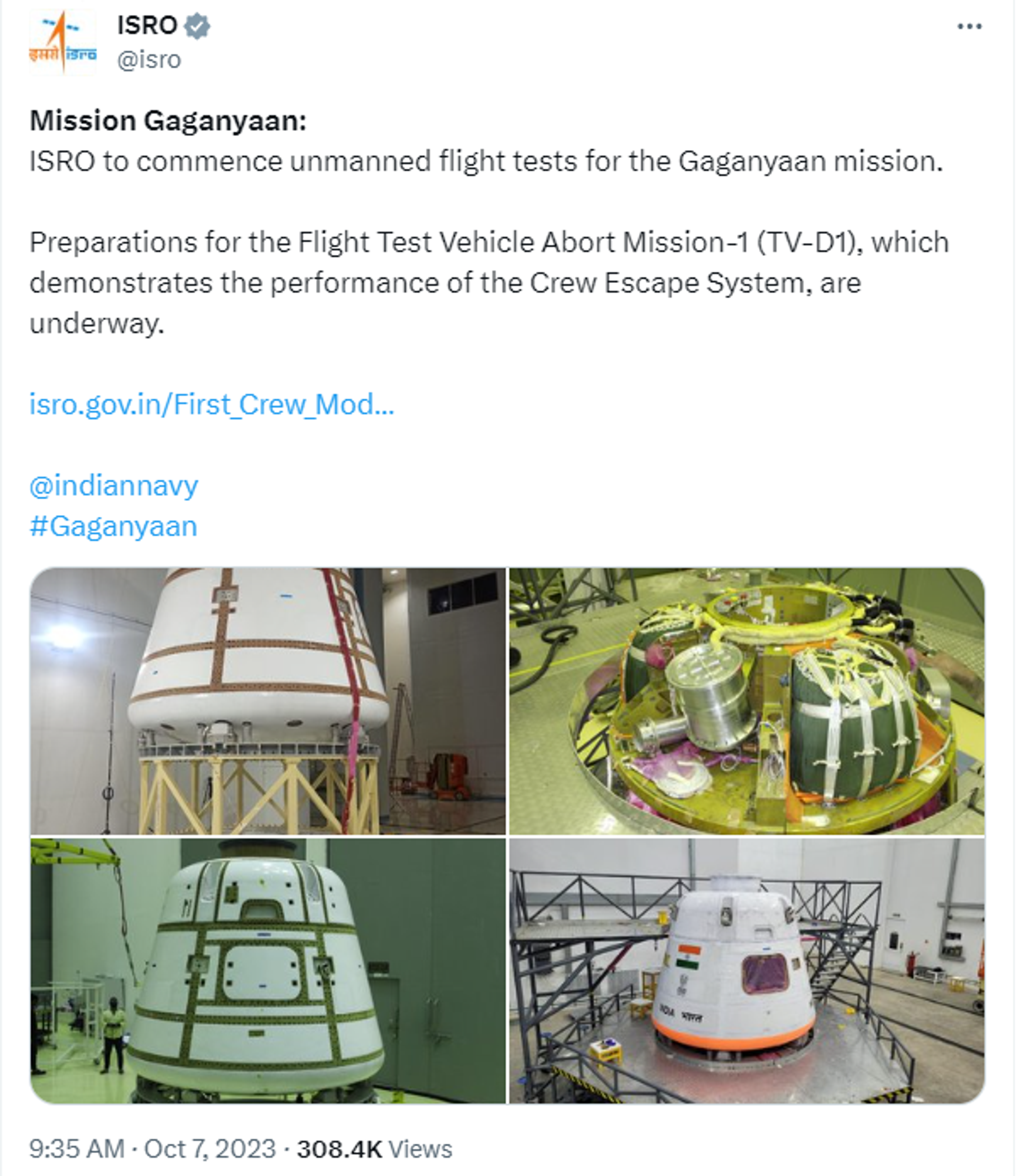 ISRO Releases First Pictures of Gaganyaan Spacecraft - Sputnik India, 1920, 07.10.2023