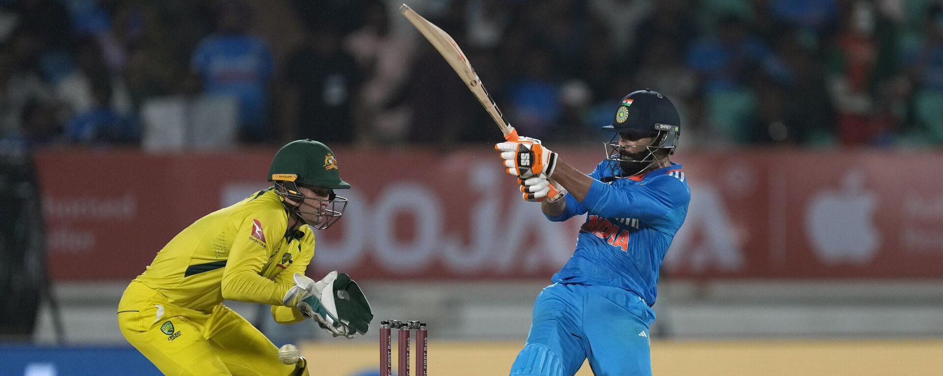 India's Ravindra Jadeja plays a shot during the third one day international cricket match between Australia and India in Rajkot, India, Wednesday, Sept. 27, 2023. - Sputnik India, 1920, 13.10.2023