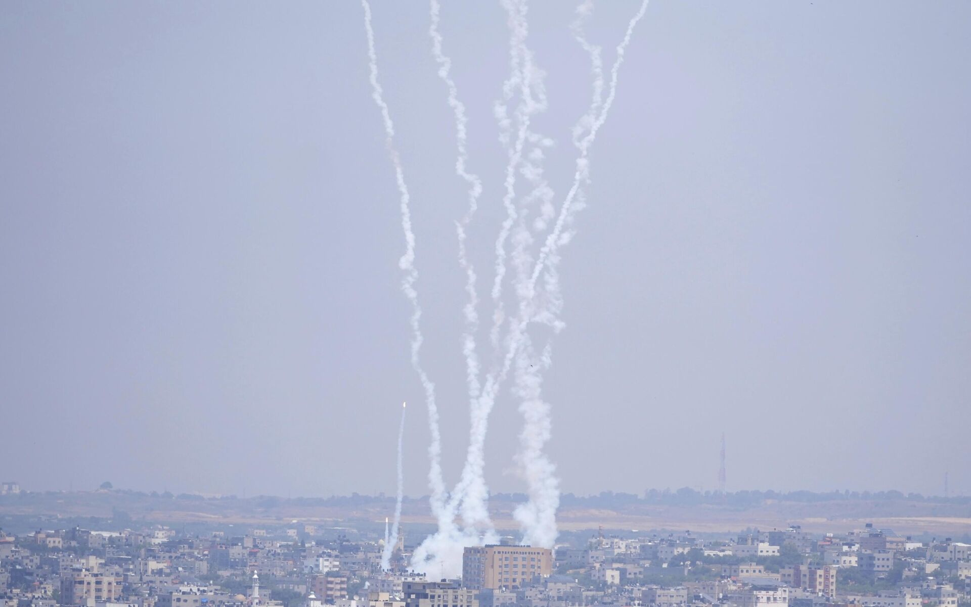 Rockets are launched from the Gaza Strip towards Israel, on Gaza City, Wednesday, May 10, 2023.  - Sputnik India, 1920, 13.10.2023