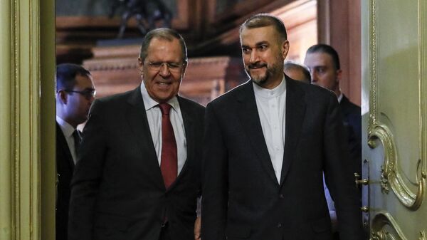 Russian Foreign Minister Sergei Lavrov and his Iranian counterpart Hossein Amir-Abdoulahian hold a joint press conference following their talks in Moscow on March 29, 2023. - Sputnik India
