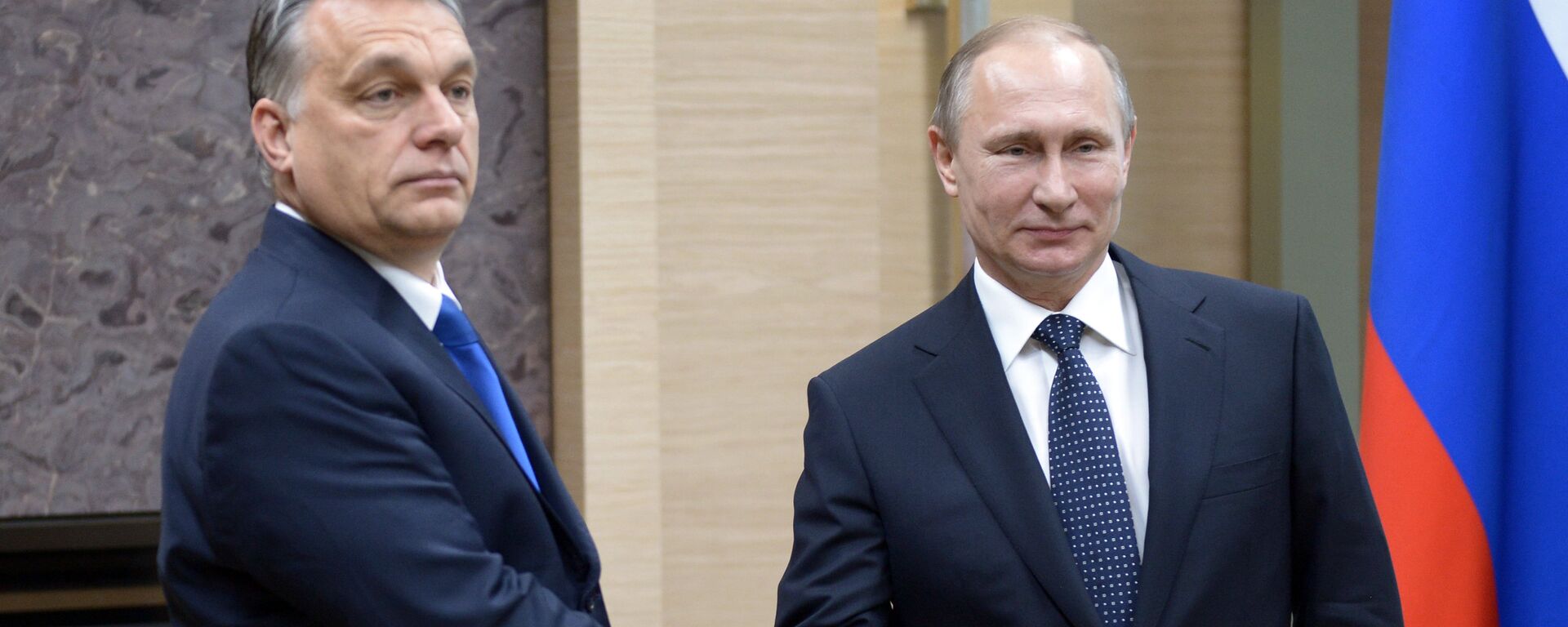 Russian President Vladimir Putin, right, and Hungarian Prime Minister Viktor Orban during a meeting at Novo-Ogaryovo residence in the Moscow Region - Sputnik भारत, 1920, 17.10.2023