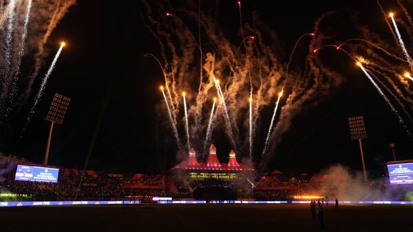 Himachal Pradesh Cricket Association stadium is lit up with lights and fireworks after the ICC Men's Cricket World Cup match between Australia and New Zealand in Dharamshala, India, Saturday, Oct. 28, 2023.  - Sputnik भारत