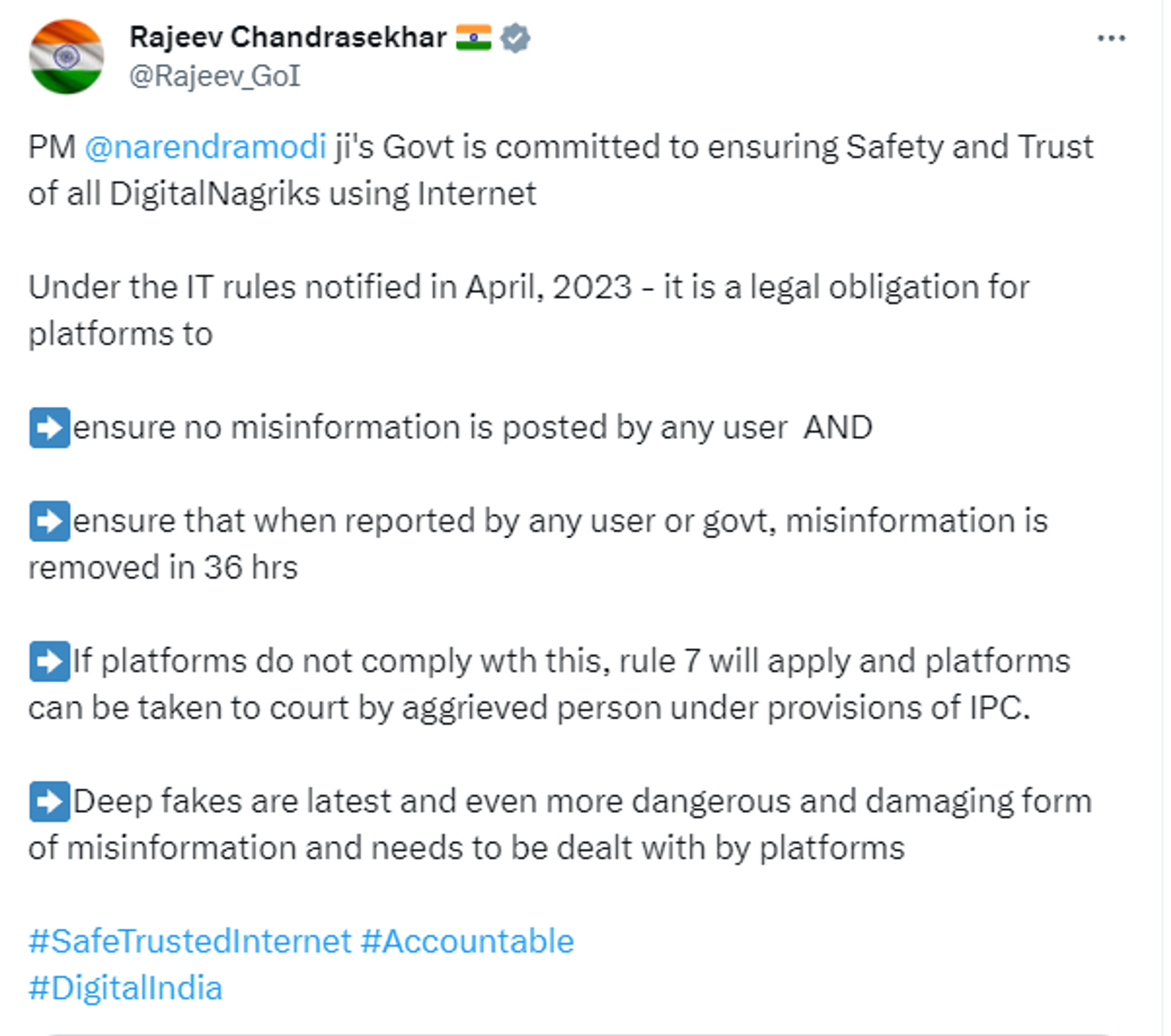 Union Minister Rajeev Chandrasekhar calls for strict action against culprits for making deepfake videos and spreading misinformation. - Sputnik India, 1920, 06.11.2023