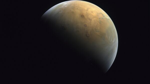 This image captured by the United Arab Emirates' Amal (Hope) probe shows the planet Mars on Feb. 10, 2021. Ancient Mars may have had an environment capable of harboring an underground world teeming with microscopic organisms. That's according to French scientists who published their findings Monday, Oct. 10, 2022. - Sputnik भारत
