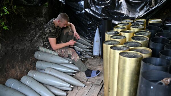 A Ukrainian artilleryman checks his mobile phone next to shells and the cases of propellant charges as he gets a rest at a position near Avdeyevka in the Donetsk region on June 23, 2023. - Sputnik भारत