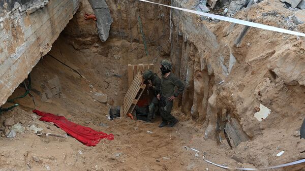 Солдаты стоят рядом с тем, что, по словам израильской армии, является входом в туннель, вырытый боевиками ХАМАС - Sputnik भारत